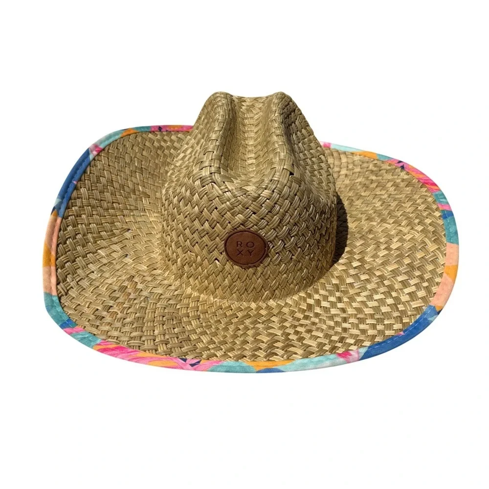 NWT Roxy Girls Pina To My Colada Straw Panama Hat Wide Brim Floral Beach Sun Hat